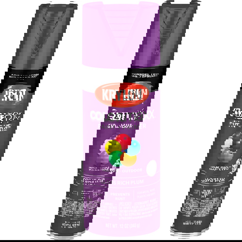 Spray Paints; Product Type: Acrylic Enamel ; Color: Rich Plum ; Finish: Gloss ; Color Family: Purple ; Container Size (oz.): 12.000 ; Application: Wood; Metal; Wicker; Papier-Mache; Glass; Plaster; Ceramic; Fabric; Paper Surfaces