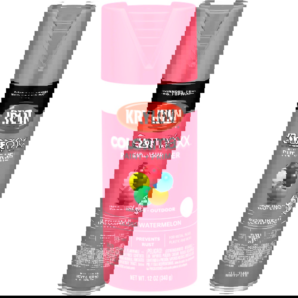 Spray Paints; Product Type: Acrylic Enamel ; Color: Watermelon ; Finish: Gloss ; Color Family: Pink ; Container Size (oz.): 12.000 ; Application: Wood; Metal; Wicker; Papier-Mache; Glass; Plaster; Ceramic; Fabric; Paper Surfaces