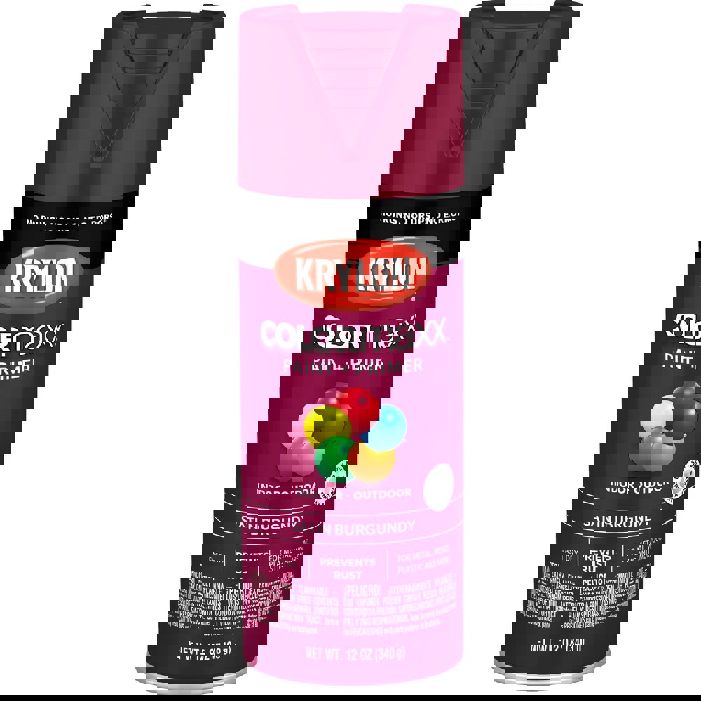 Spray Paints; Product Type: Acrylic Enamel ; Color: Burgundy ; Finish: Satin ; Color Family: Red ; Container Size (oz.): 12.000 ; Application: Wood; Metal; Wicker; Papier-Mache; Glass; Plaster; Ceramic; Fabric; Paper Surfaces