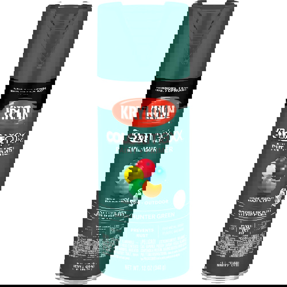 Spray Paints; Product Type: Acrylic Enamel ; Color: Hunter Green ; Finish: Satin ; Color Family: Green ; Container Size (oz.): 12.000 ; Application: Wood; Metal; Wicker; Papier-Mache; Glass; Plaster; Ceramic; Fabric; Paper Surfaces