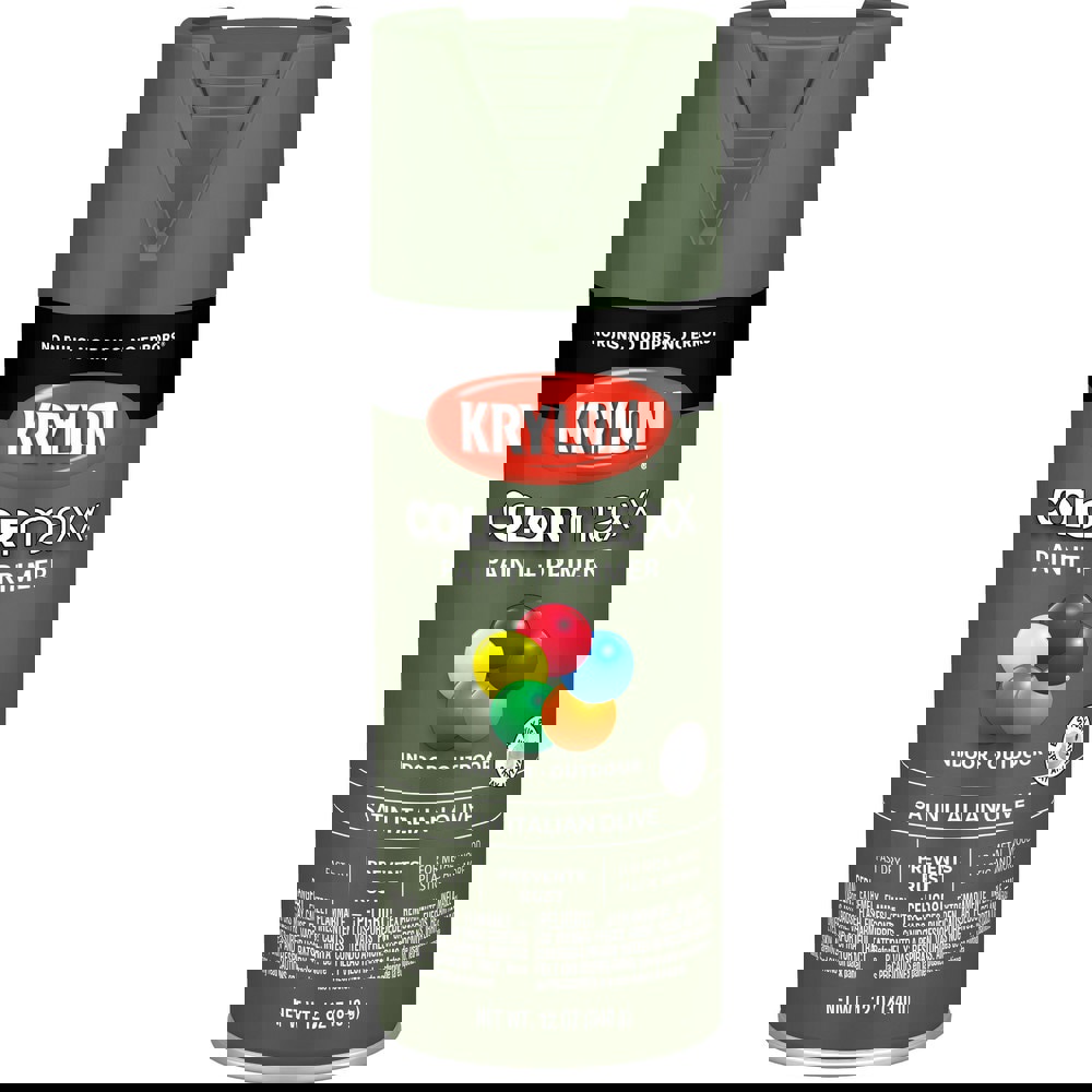 Spray Paints; Product Type: Acrylic Enamel ; Color: Italian Olive ; Finish: Satin ; Color Family: Green ; Container Size (oz.): 12.000 ; Application: Wood; Metal; Wicker; Papier-Mache; Glass; Plaster; Ceramic; Fabric; Paper Surfaces