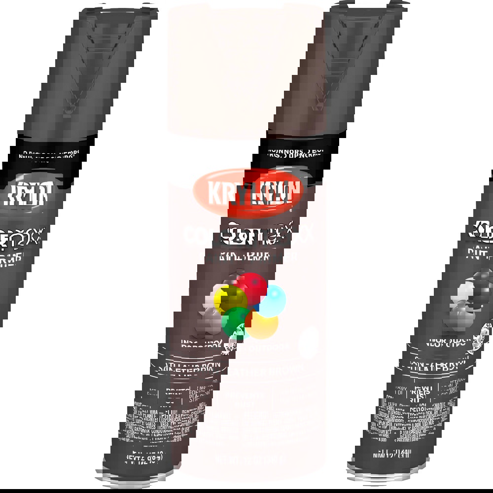 Spray Paints; Product Type: Acrylic Enamel ; Color: Leather Brown ; Finish: Satin ; Color Family: Brown ; Container Size (oz.): 12.000 ; Application: Wood; Metal; Wicker; Papier-Mache; Glass; Plaster; Ceramic; Fabric; Paper Surfaces