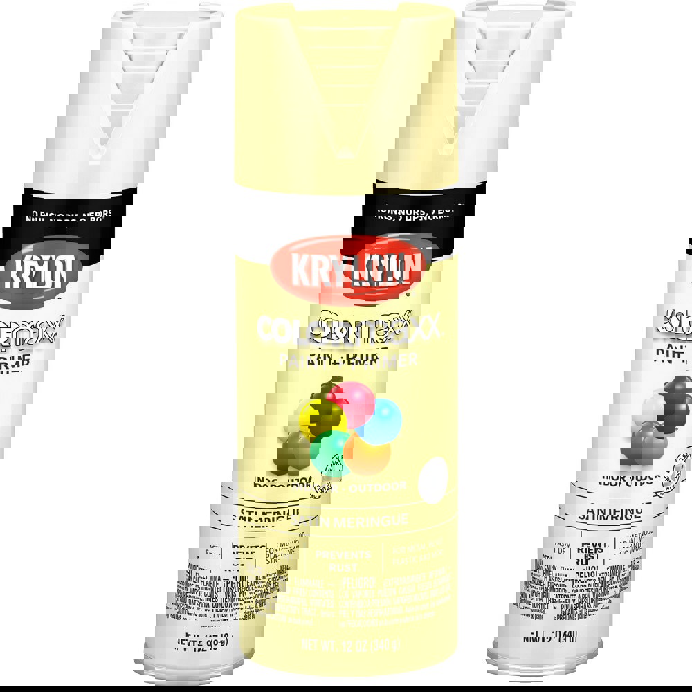 Spray Paints; Product Type: Acrylic Enamel ; Color: Meringue ; Finish: Satin ; Color Family: Yellow ; Container Size (oz.): 12.000 ; Application: Wood; Metal; Wicker; Papier-Mache; Glass; Plaster; Ceramic; Fabric; Paper Surfaces