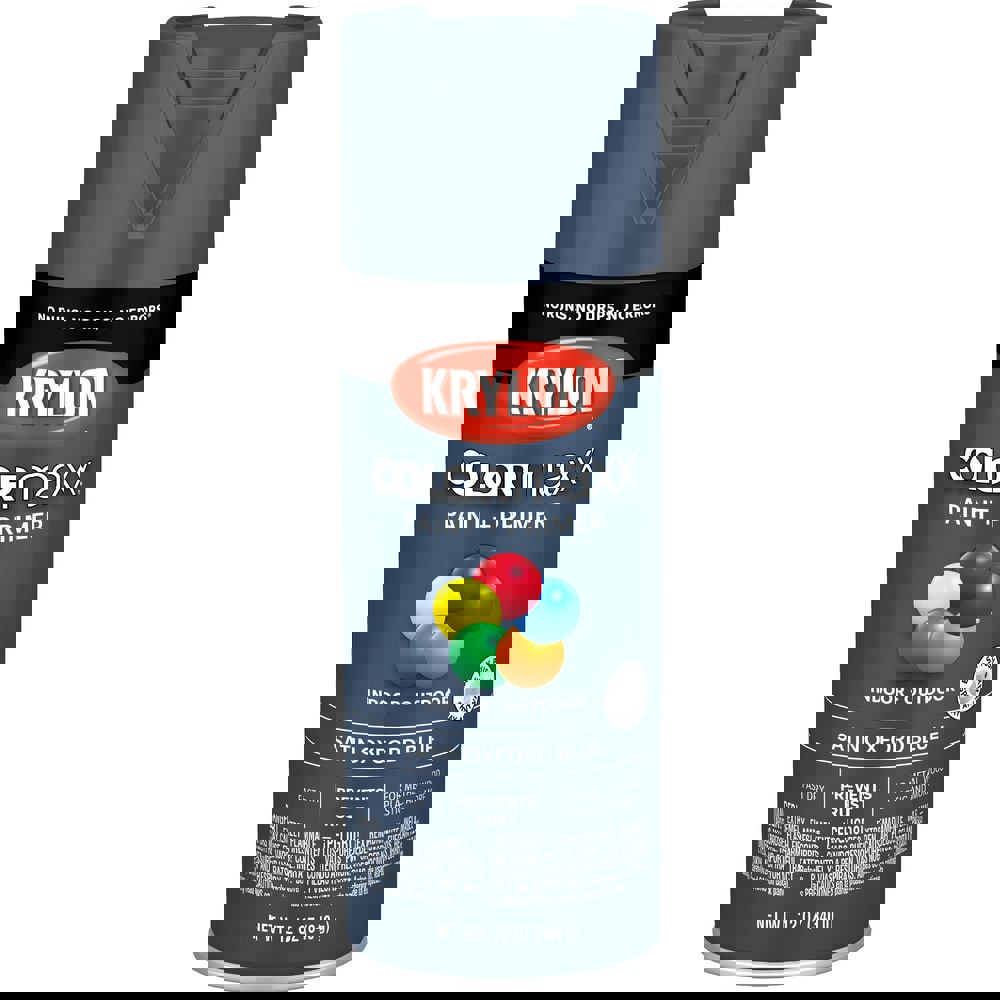 Spray Paints; Product Type: Acrylic Enamel ; Color: Oxford Blue ; Finish: Satin ; Color Family: Blue ; Container Size (oz.): 12.000 ; Application: Wood; Metal; Wicker; Papier-Mache; Glass; Plaster; Ceramic; Fabric; Paper Surfaces