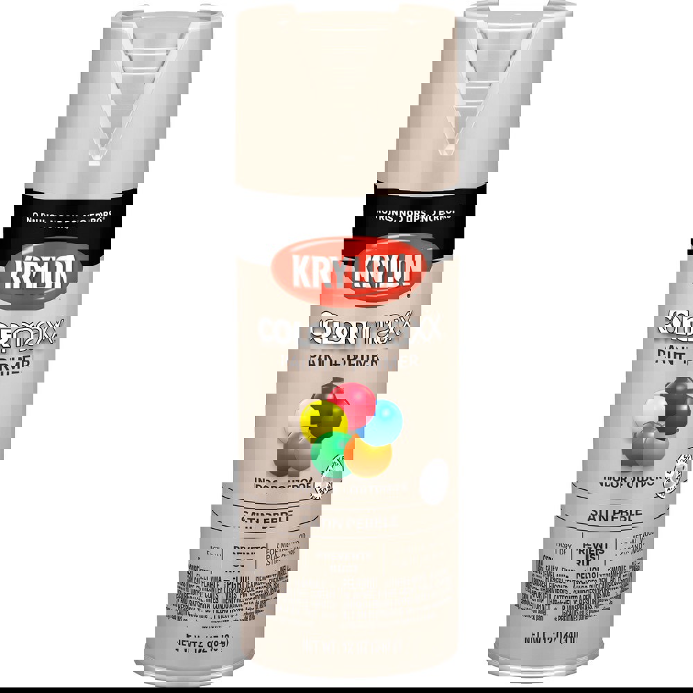 Spray Paints; Product Type: Acrylic Enamel ; Color: Pebble ; Finish: Satin ; Color Family: Gray ; Container Size (oz.): 12.000 ; Application: Wood; Metal; Wicker; Papier-Mache; Glass; Plaster; Ceramic; Fabric; Paper Surfaces