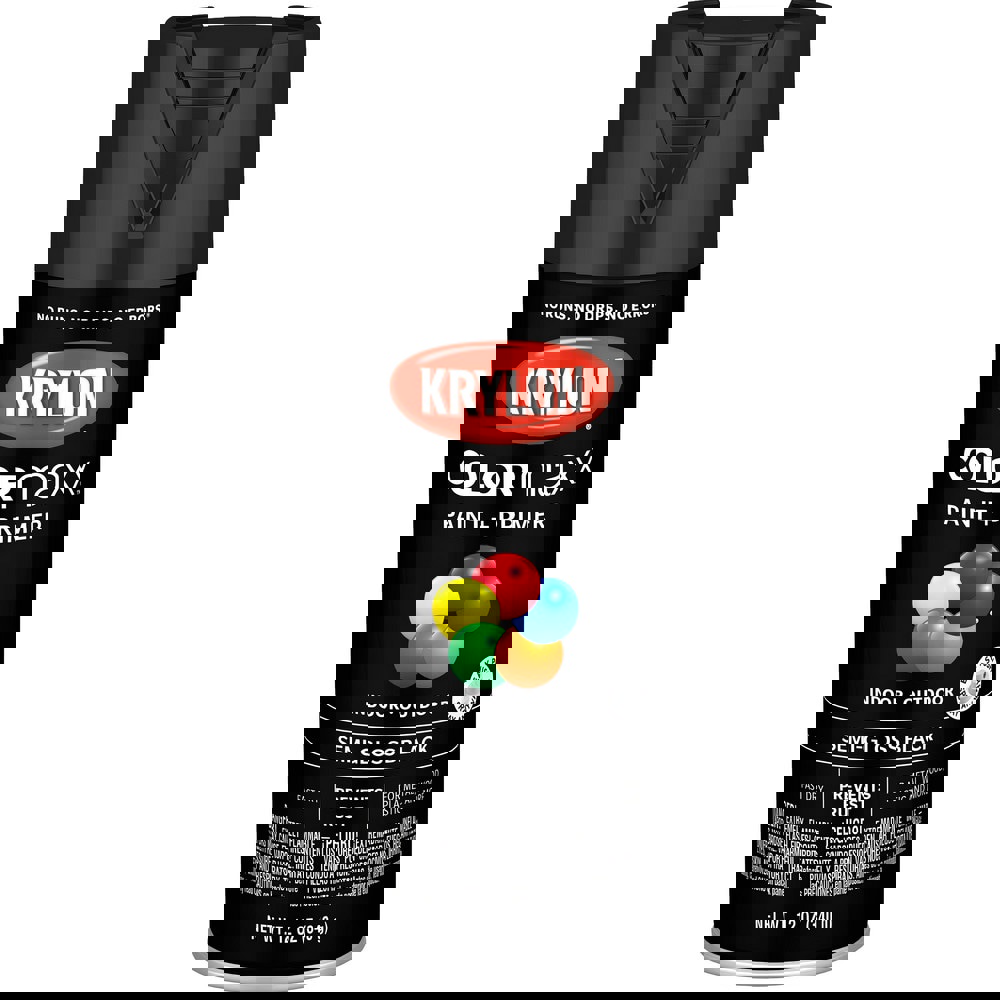 Spray Paints; Product Type: Acrylic Enamel ; Color: Black ; Finish: Semi-Gloss ; Color Family: Black ; Container Size (oz.): 12.000 ; Application: Wood; Metal; Wicker; Papier-Mache; Glass; Plaster; Ceramic; Fabric; Paper Surfaces