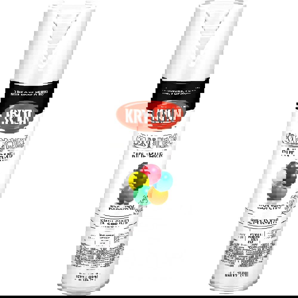 Spray Paints; Product Type: Acrylic Enamel ; Color: White ; Finish: Semi-Gloss ; Color Family: White ; Container Size (oz.): 12.000 ; Application: Wood; Metal; Wicker; Papier-Mache; Glass; Plaster; Ceramic; Fabric; Paper Surfaces