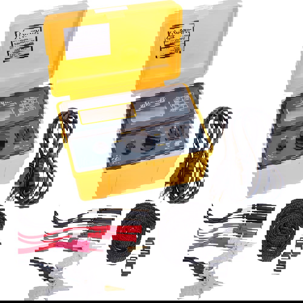 Electrical Insulation Resistance Testers & Megohmmeters; Display Type: LCD ; Power Supply: 110VAC/60Hz ; Resistance Capacity (Megohm): 2000M ; Overall Length: 6.3in ; Overall Height: 4.7in ; Overall Width: 3.3in