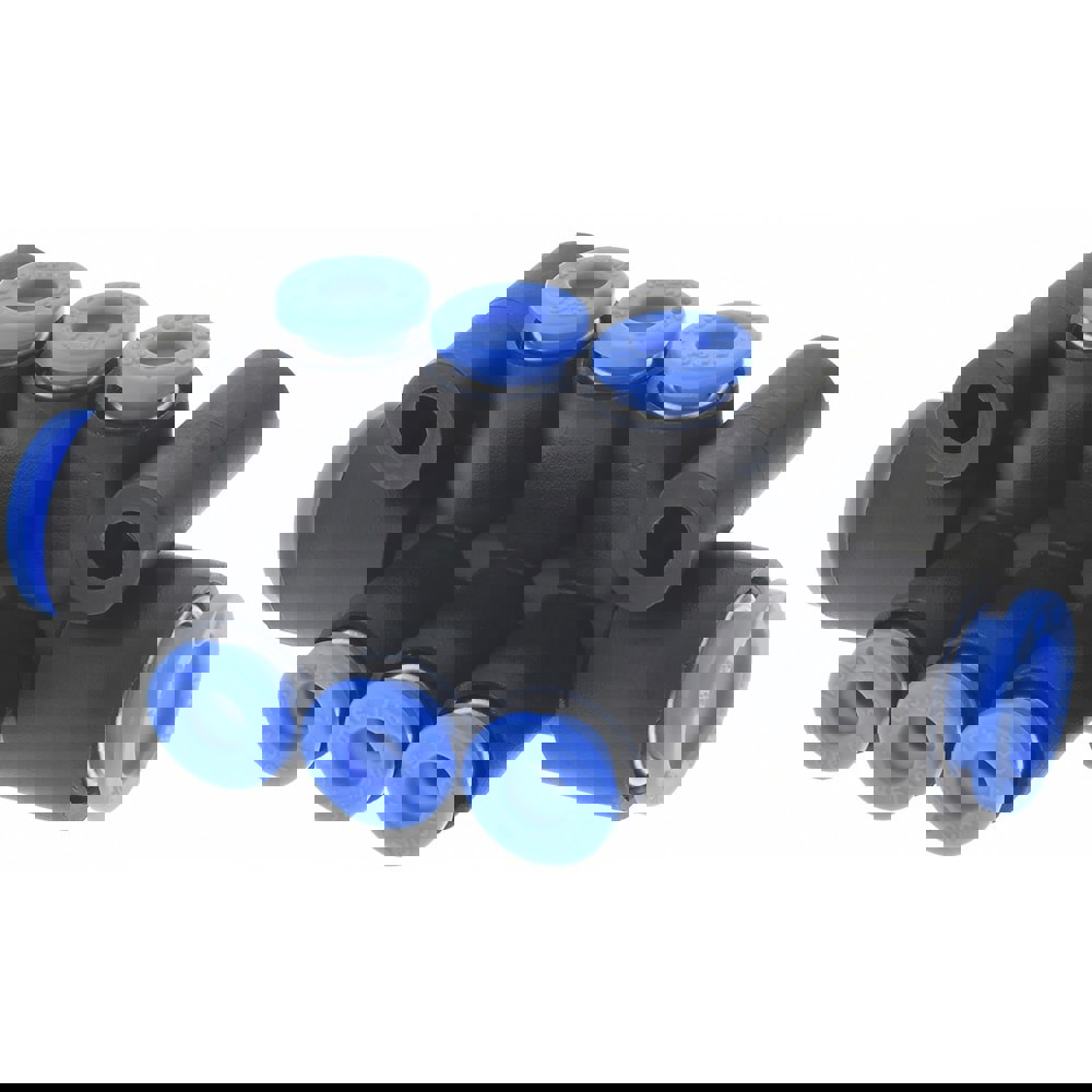 Manifold: 8 mm Inlet, 4 mm Outlet, 2 Inlet Ports, 6 Outlet Ports, 65 mm OAL