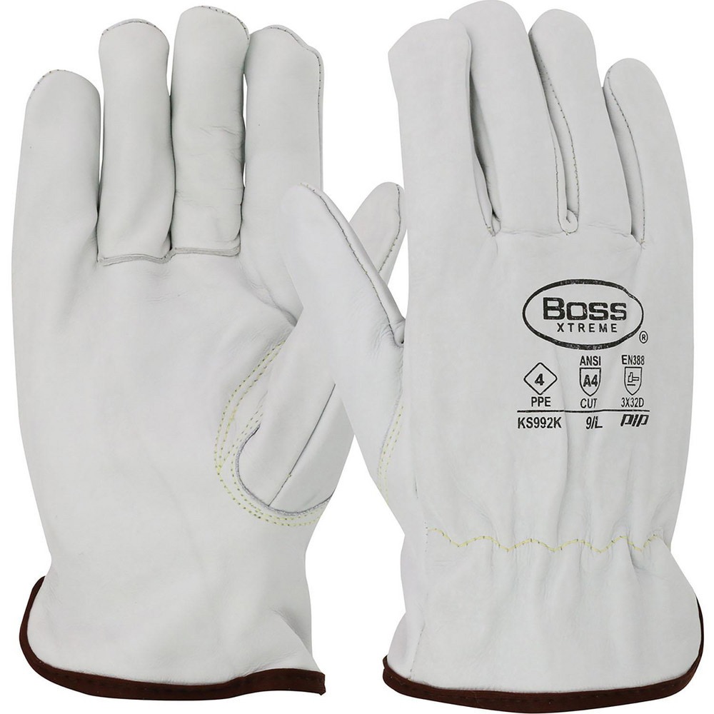 Cut & Puncture-Resistant Gloves: Boss KS992K, Size Large, ANSI Cut A4, ANSI Puncture 2, Para-Aramid Lined, Cowhide
