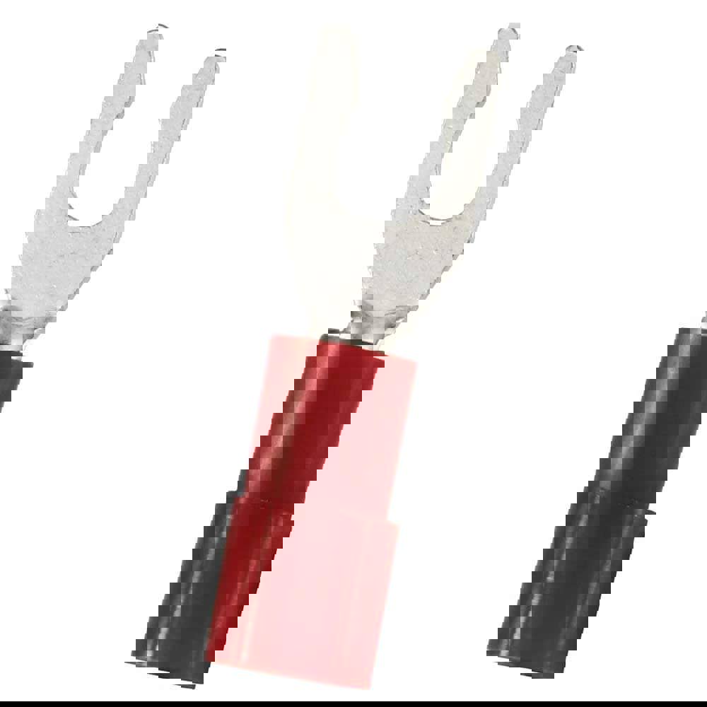 Locking Fork Terminal: Red, Nylon, Partially Insulated, #6 Stud, Crimp