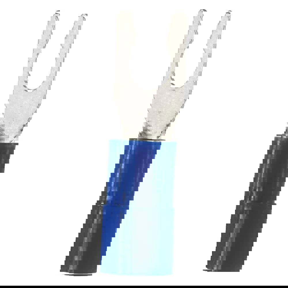 Locking Fork Terminal: Blue, Nylon, Partially Insulated, #6 Stud, Crimp