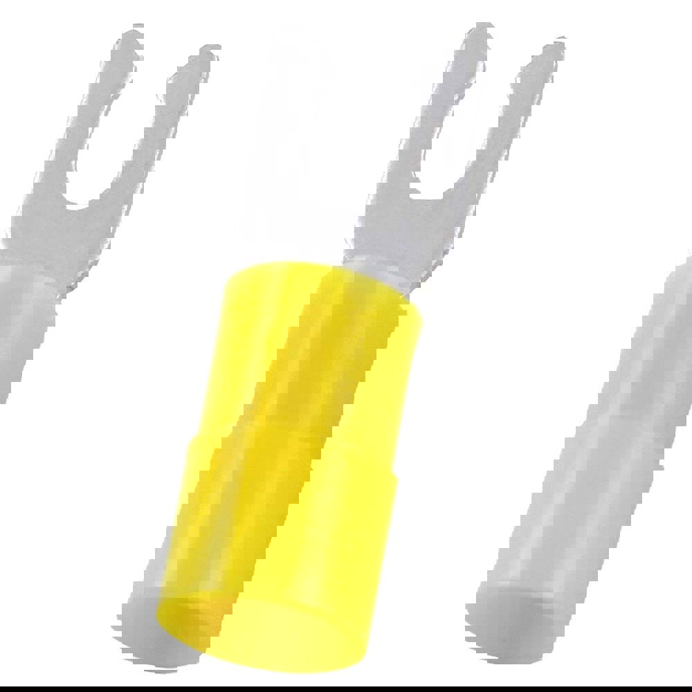Locking Fork Terminal: Yellow, Nylon, Partially Insulated, #6 Stud, Crimp
