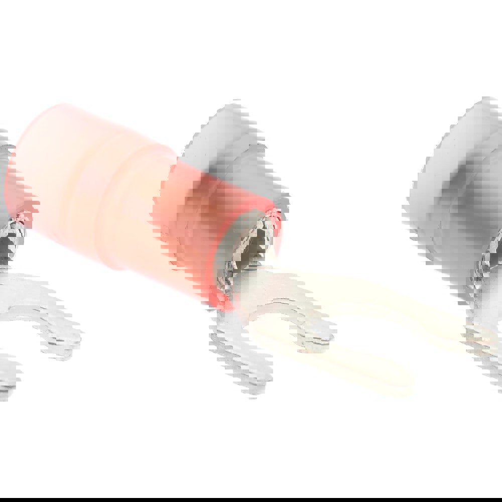 Locking Fork Terminal: Red, Nylon, Partially Insulated, #8 Stud, Crimp