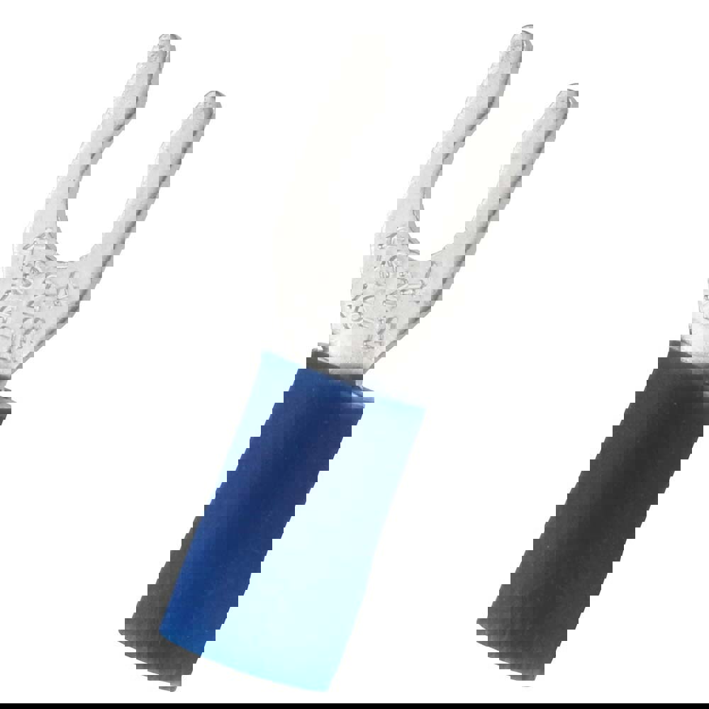 Locking Fork Terminal: Blue, Vinyl, Partially Insulated, #8 Stud, Crimp