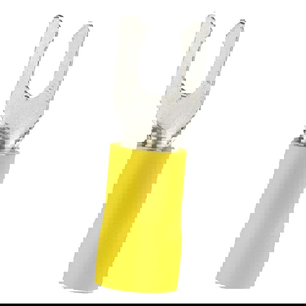 Locking Fork Terminal: Yellow, Vinyl, Partially Insulated, #8 Stud, Crimp