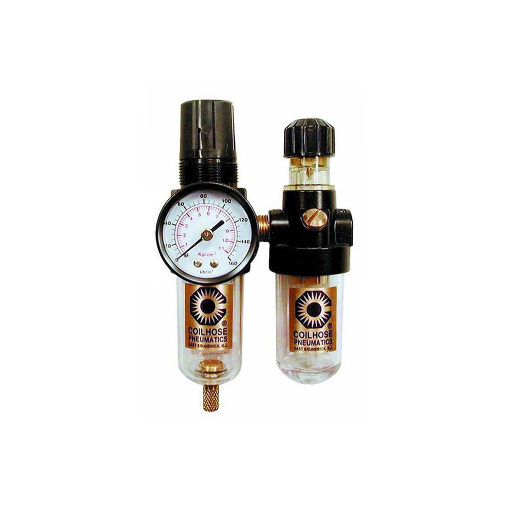 FRL Combination Unit: 1/4 NPT, Miniature, 2 Pc Filter/Regulator-Lubricator with Pressure Gauge
