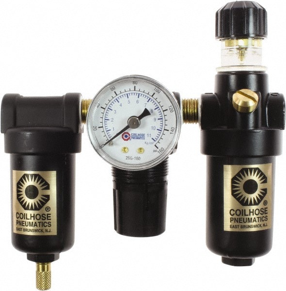 FRL Combination Unit: 1/8 NPT, Miniature, 3 Pc Filter-Regulator-Lubricator with Pressure Gauge