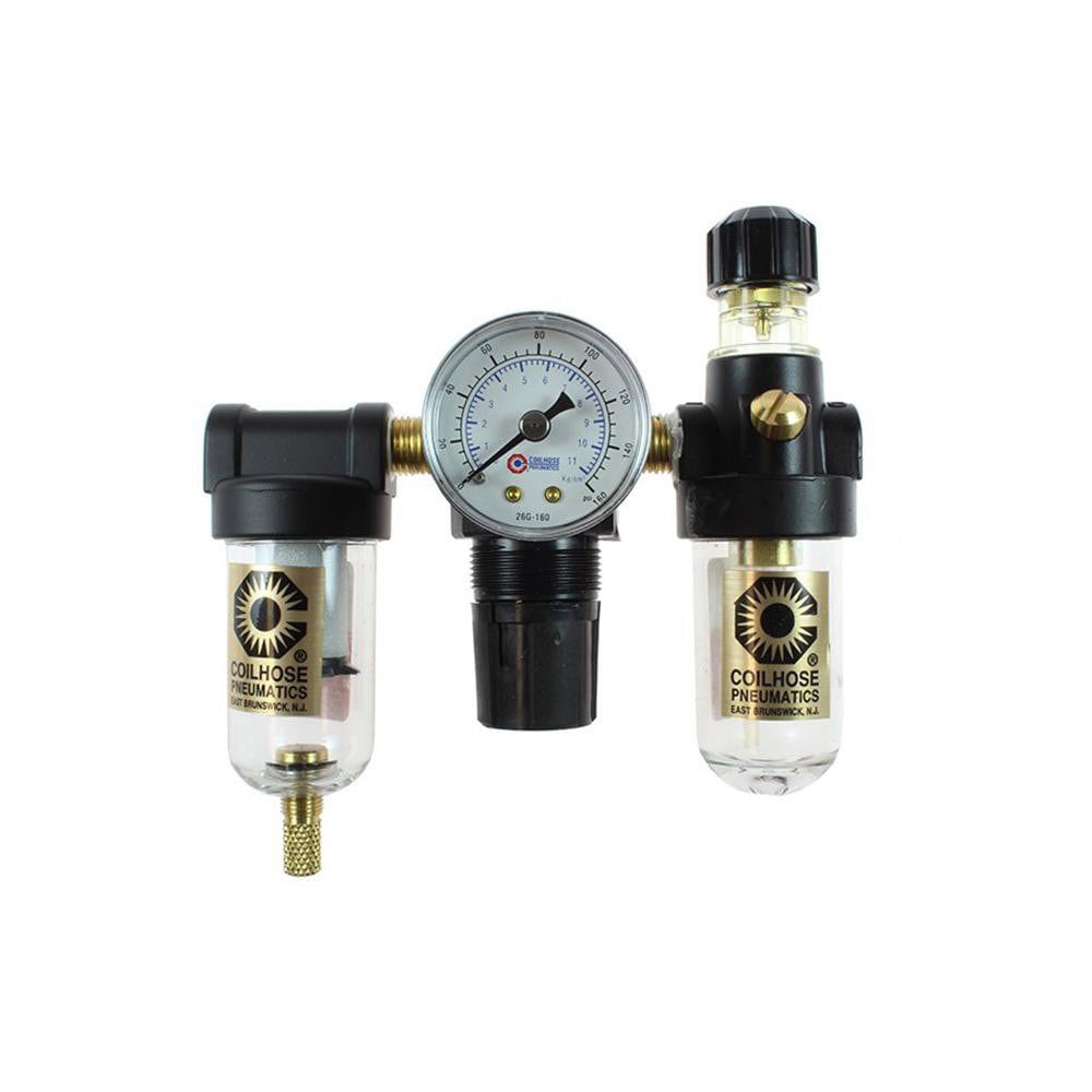 FRL Combination Unit: 1/4 NPT, Miniature, 3 Pc Filter-Regulator-Lubricator with Pressure Gauge