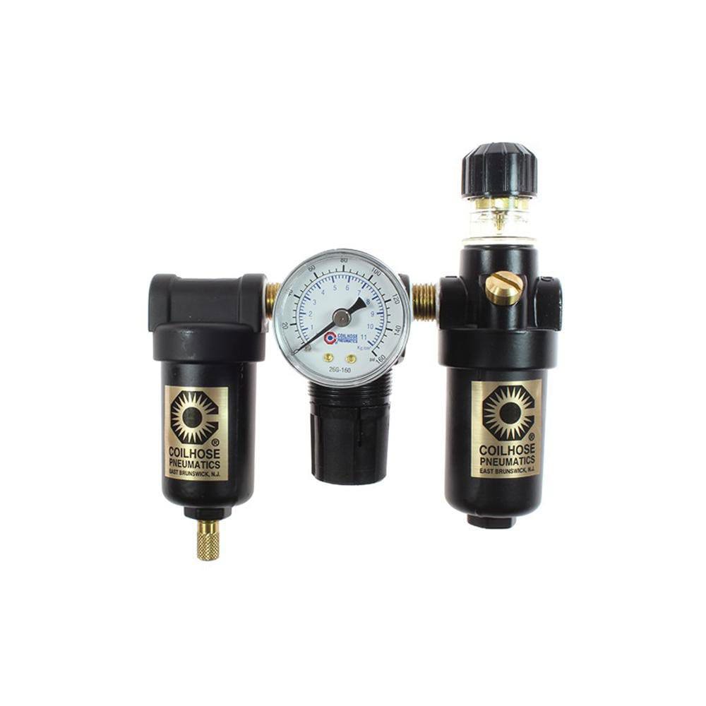FRL Combination Unit: 1/4 NPT, Miniature, 3 Pc Filter-Regulator-Lubricator with Pressure Gauge