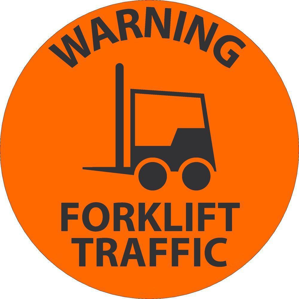 Adhesive Backed Floor Signs; Message Type: Traffic Control ; Message or Graphic: Message & Graphic ; Legend: WARNING FORKLIFT TRAFFIC ; Material: Vinyl ; Legend Color: Black ; Color: Black; Orange