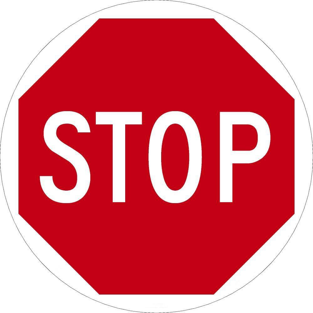 Adhesive Backed Floor Signs; Message Type: Traffic Control ; Message or Graphic: Message & Graphic ; Legend: STOP ; Material: Vinyl ; Legend Color: White ; Color: Red; White