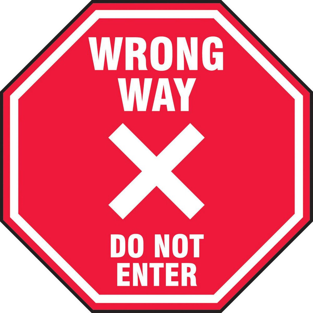 Adhesive Backed Floor Signs; Message Type: Traffic Control ; Message or Graphic: Message & Graphic ; Legend: WRONG WAY DO NOT ENTER ; Material: Vinyl ; Legend Color: White ; Color: Red; White