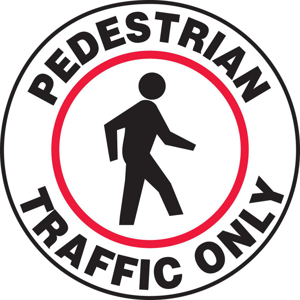 Adhesive Backed Floor Signs; Message Type: Traffic Control ; Message or Graphic: Message & Graphic ; Legend: PEDESTRIAN TRAFFIC ONLY ; Material: Vinyl ; Legend Color: Black ; Color: Black; Red; White