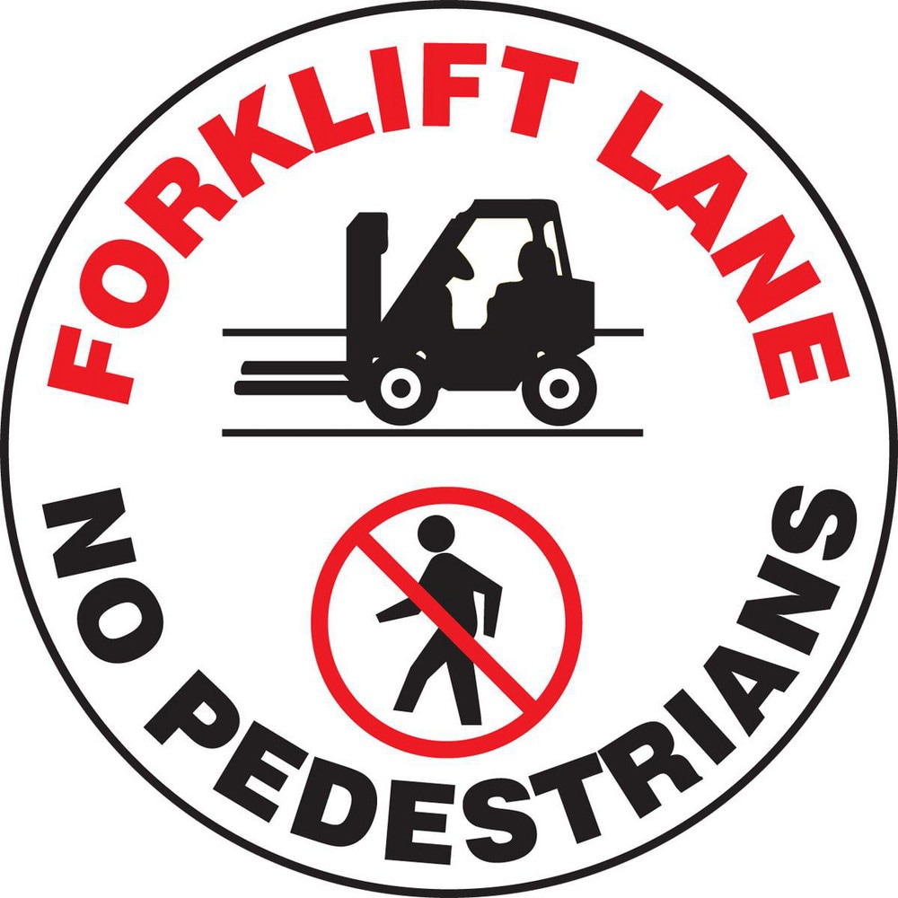 Adhesive Backed Floor Signs; Message Type: Traffic Control ; Message or Graphic: Message & Graphic ; Legend: FORKLIFT LANE NO PEDESTRIANS ; Material: Vinyl ; Legend Color: Black; Red ; Color: Black; Red; White