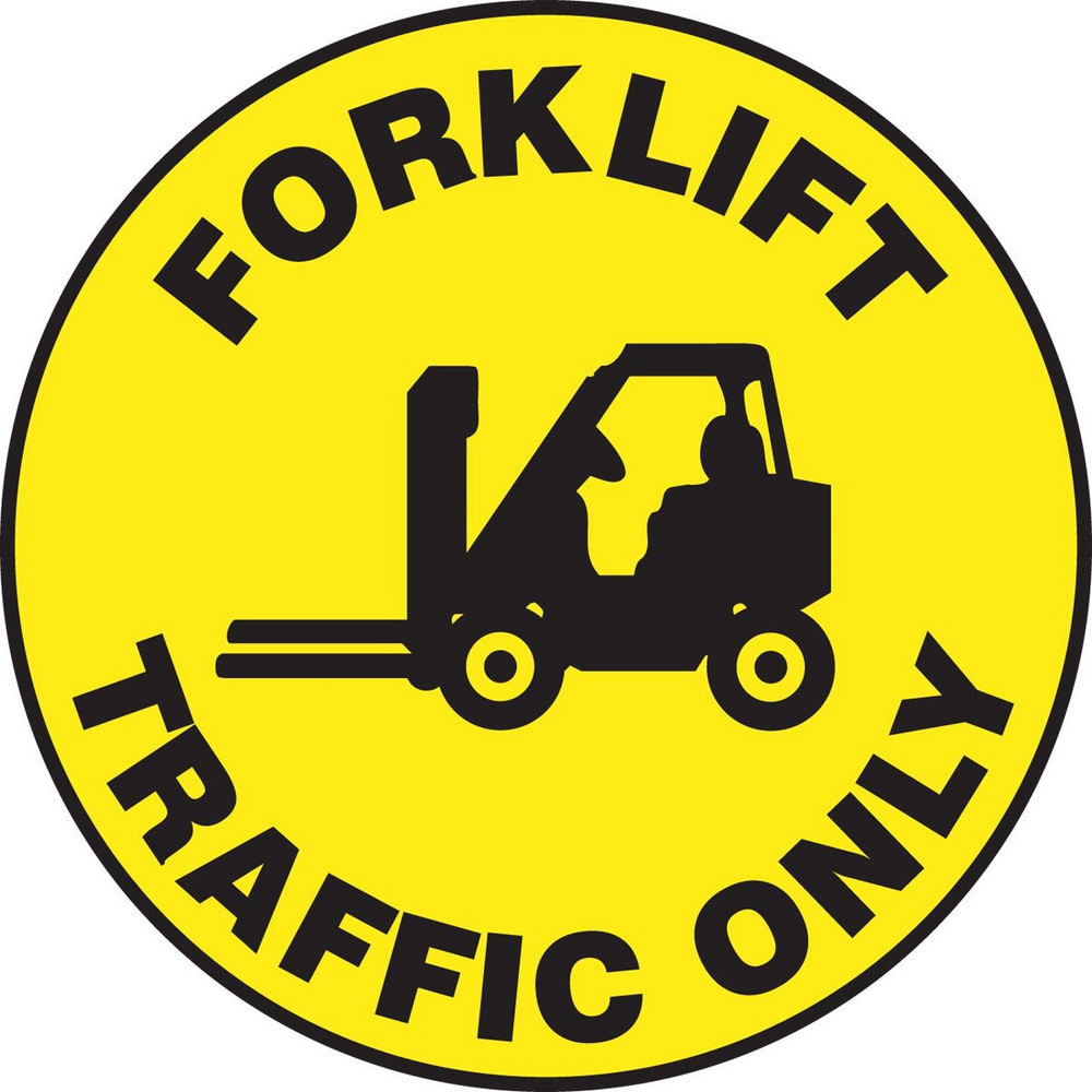 Adhesive Backed Floor Signs; Message Type: Traffic Control ; Message or Graphic: Message & Graphic ; Legend: FORKLIFT TRAFFIC ONLY ; Material: Vinyl ; Legend Color: Black ; Color: Black; Yellow