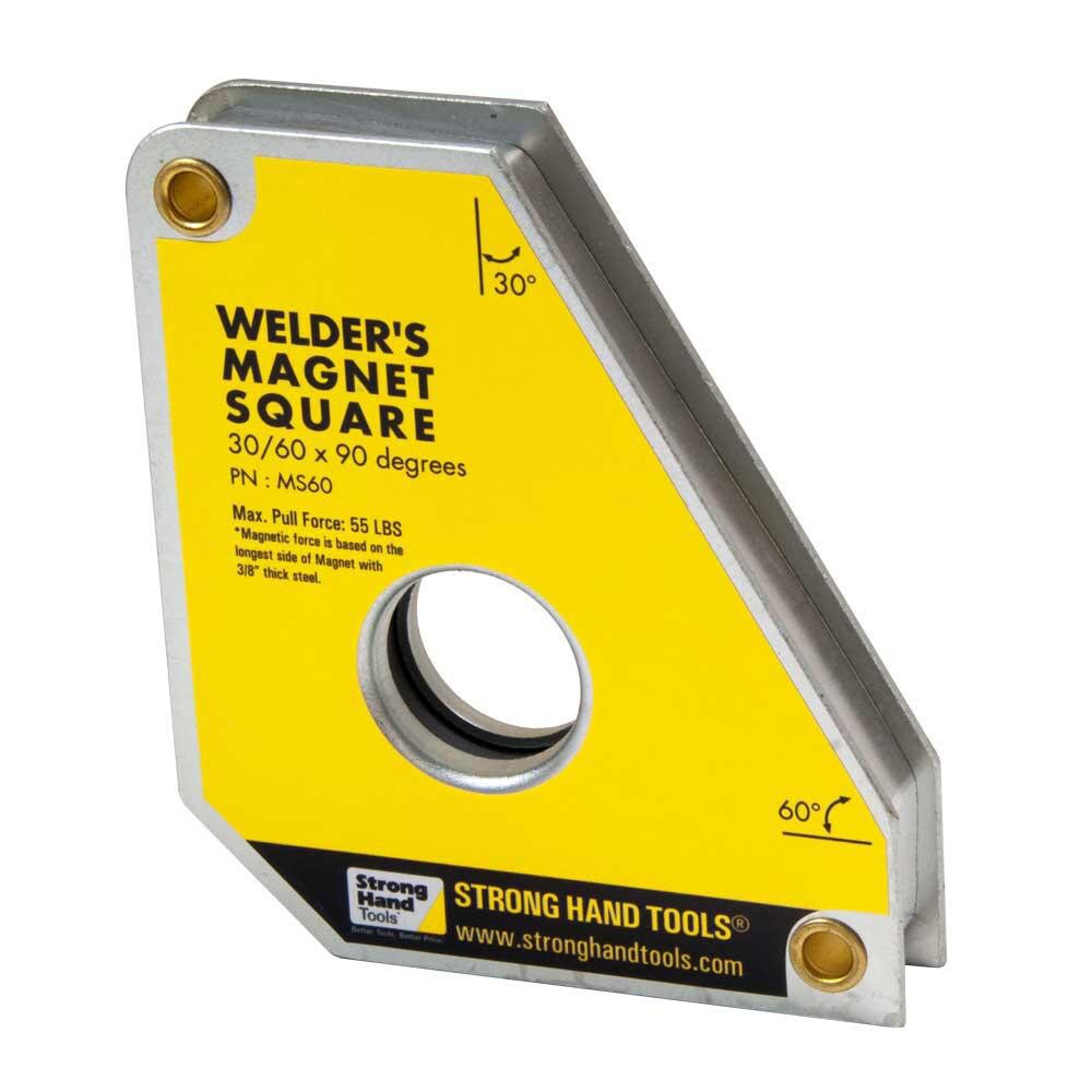 Magnetic Welding & Fabrication Squares; Holding Angle: 60 0; 30 0; 90 0; Average Pull Force (Lb.): 58 lb; Maximum Pull Force (Lb.): 55 lb; 55.00; 24.95 kg; Width (mm): 95.25; Height (mm): 111.13; Depth (mm): 19.05; Features: Center Hole for Easy Handling;