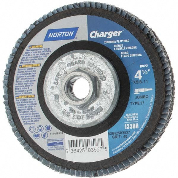 Flap Disc: 5/8-11 Hole, 40 Grit, Zirconia Alumina, Type 27