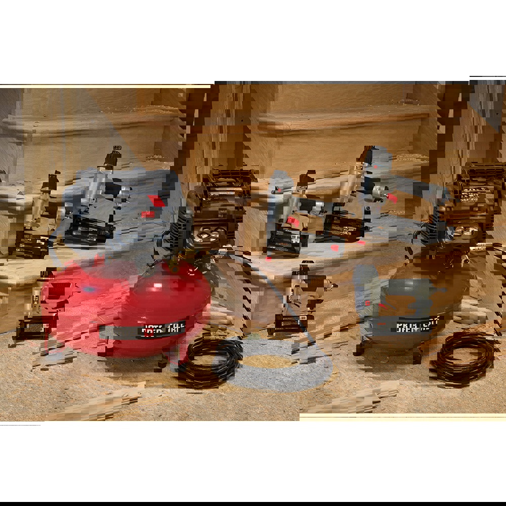 Portable Electric Air Compressors; CFM: 2.6 SCFM @ 90 psi; Input Voltage: 120; Tank Capacity: 6 Gal.; Configuration: Pancake; Includes: Fn250Sb: 16 Ga. 2-1/2