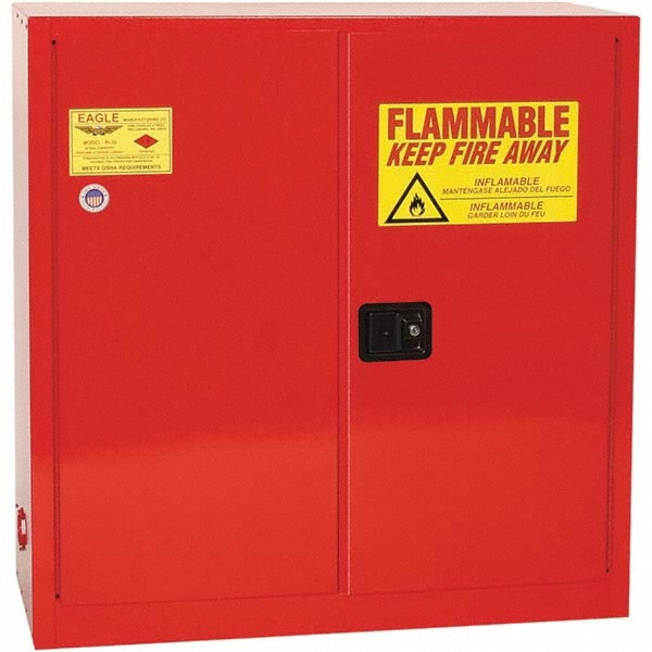 Flammable & Hazardous Storage Cabinets: 40 gal Drum, 2 Door, 3 Shelf, Manual Closing, Red