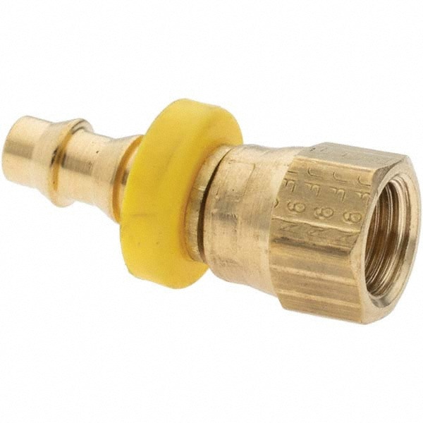 Barbed Push-On Hose Female Swivel: 7/16-20 FJIC, Brass, 1/4
