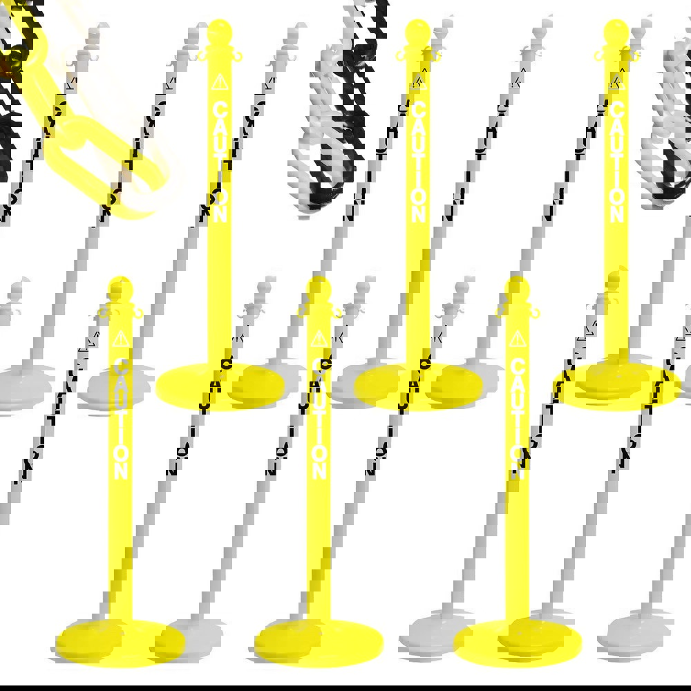 Stanchion with Caution Label & Chain Kit: Plastic, Yellow, 50' Long, 2