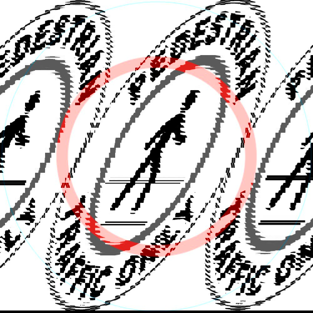 Adhesive Backed Floor Signs; Message Type: Traffic Control ; Message or Graphic: PEDESTRIAN TRAFFIC ONLY ; Legend: PEDESTRIAN TRAFFIC ONLY ; Material: Vinyl ; Legend Color: Black; White; Red ; Color: Black, Red and White