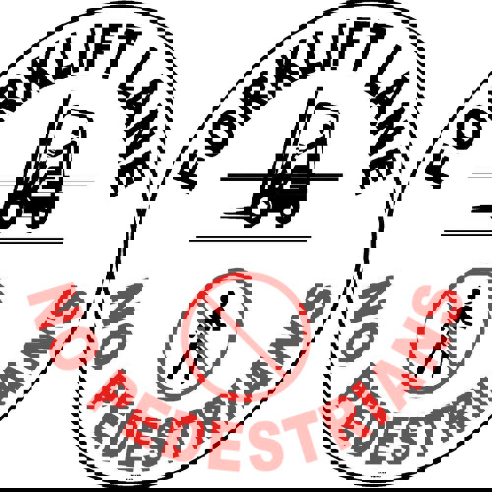 Adhesive Backed Floor Signs; Message Type: Traffic Control ; Message or Graphic: FORKLIFT LANE NO PEDESTRIANS ; Legend: FORKLIFT LANE, NO PEDESTRIANS ; Material: Vinyl ; Legend Color: Black; Red; White ; Color: Black and Red