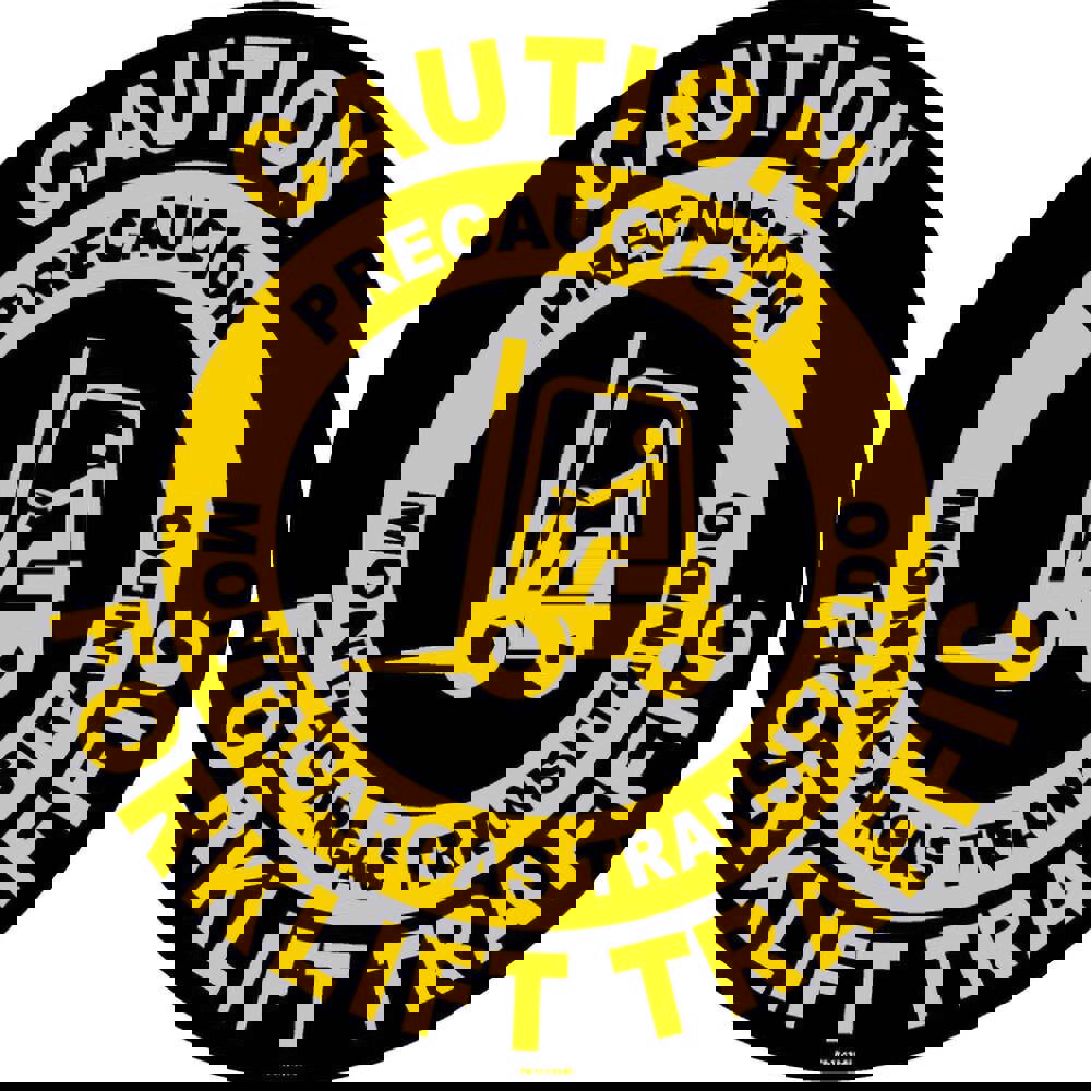 Adhesive Backed Floor Signs; Message Type: Traffic Control ; Message or Graphic: CAUTION FORKLIFT TRAFFIC; PRECAUCION MONTACARGAS TRANSITANDO ; Legend: CAUTION FORKLIFT TRAFFIC ; Material: Vinyl ; Legend Color: Black; Yellow ; Color: Black and Yellow