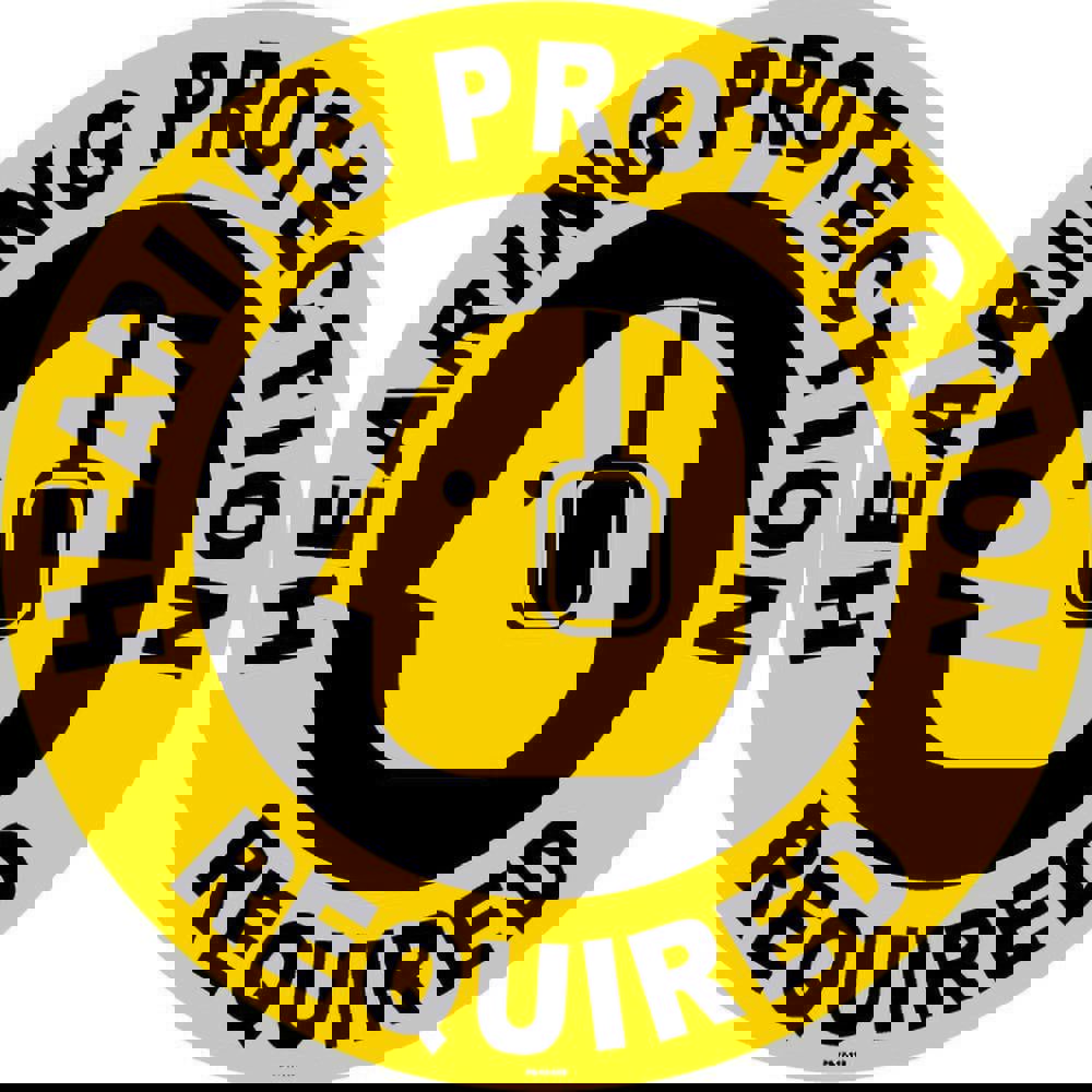 Adhesive Backed Floor Signs; Message Type: Accident Prevention; Security & Admittance ; Message or Graphic: HEARING PROTECTION REQUIRED ; Legend: HEARING PROTECTION REQUIRED ; Material: Vinyl ; Legend Color: Black; Yellow ; Color: Black and Yellow