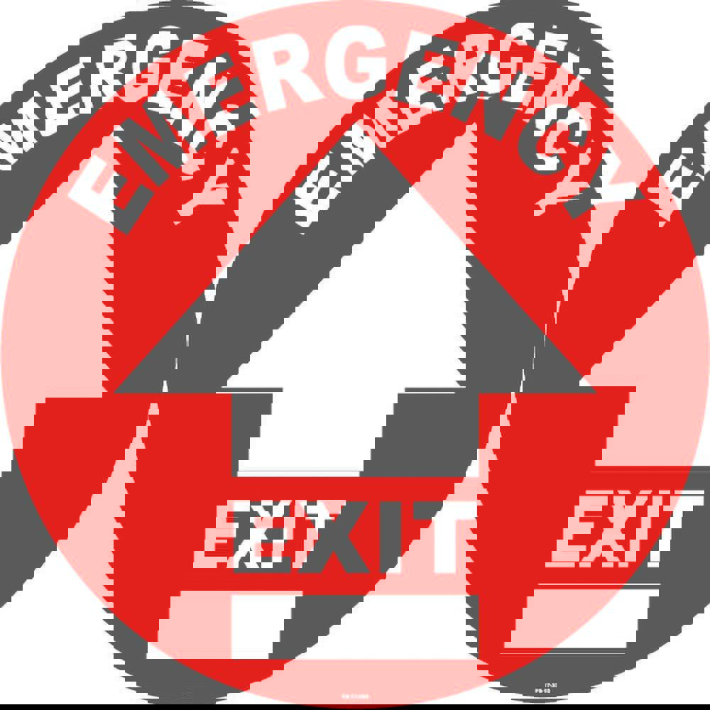 Adhesive Backed Floor Signs; Message Type: Exit, Entrance & Directional ; Message or Graphic: EMERGENCY EXIT; ARROW ; Legend: EMERGENCY EXIT ; Material: Vinyl ; Legend Color: Red; White ; Color: Red