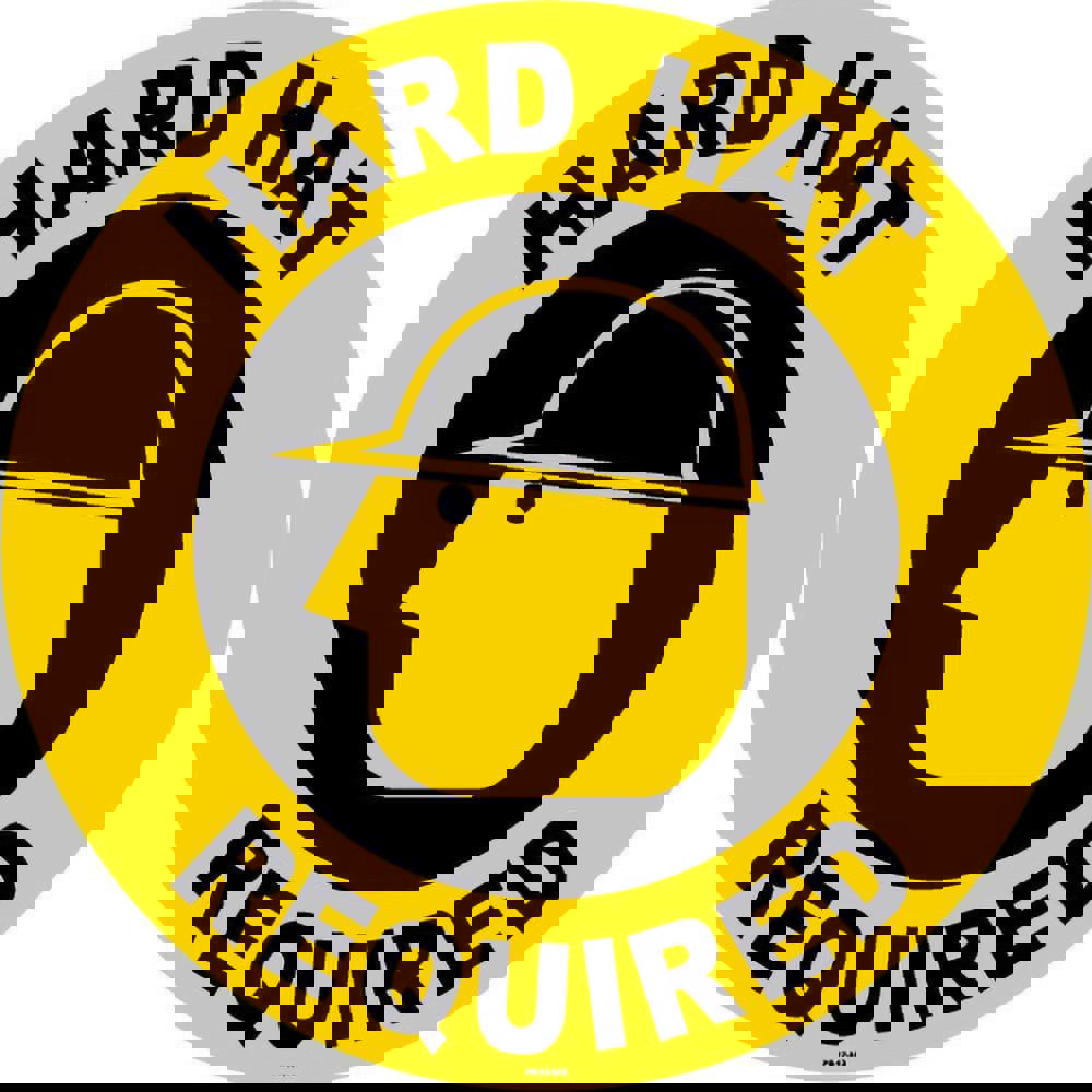 Adhesive Backed Floor Signs; Message Type: Accident Prevention; Security & Admittance ; Message or Graphic: HARD HAT REQUIRED ; Legend: HARD HAT REQUIRED ; Material: Vinyl ; Legend Color: Black; Yellow ; Color: Black and Yellow
