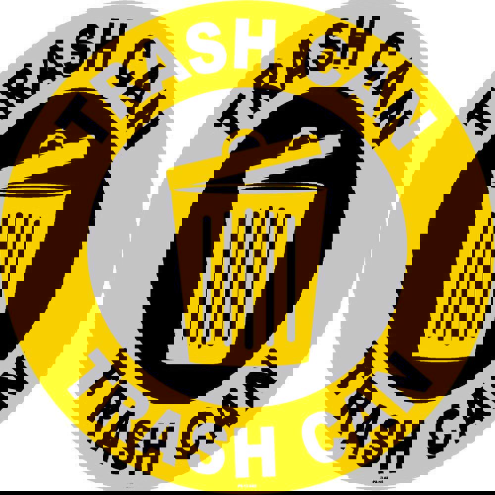 Adhesive Backed Floor Signs; Message Type: Janitorial & Housekeeping ; Message or Graphic: TRASH CAN TRASH CAN ; Legend: TRASH CAN TRASH CAN ; Material: Vinyl ; Legend Color: Black; Yellow ; Color: Black and Yellow