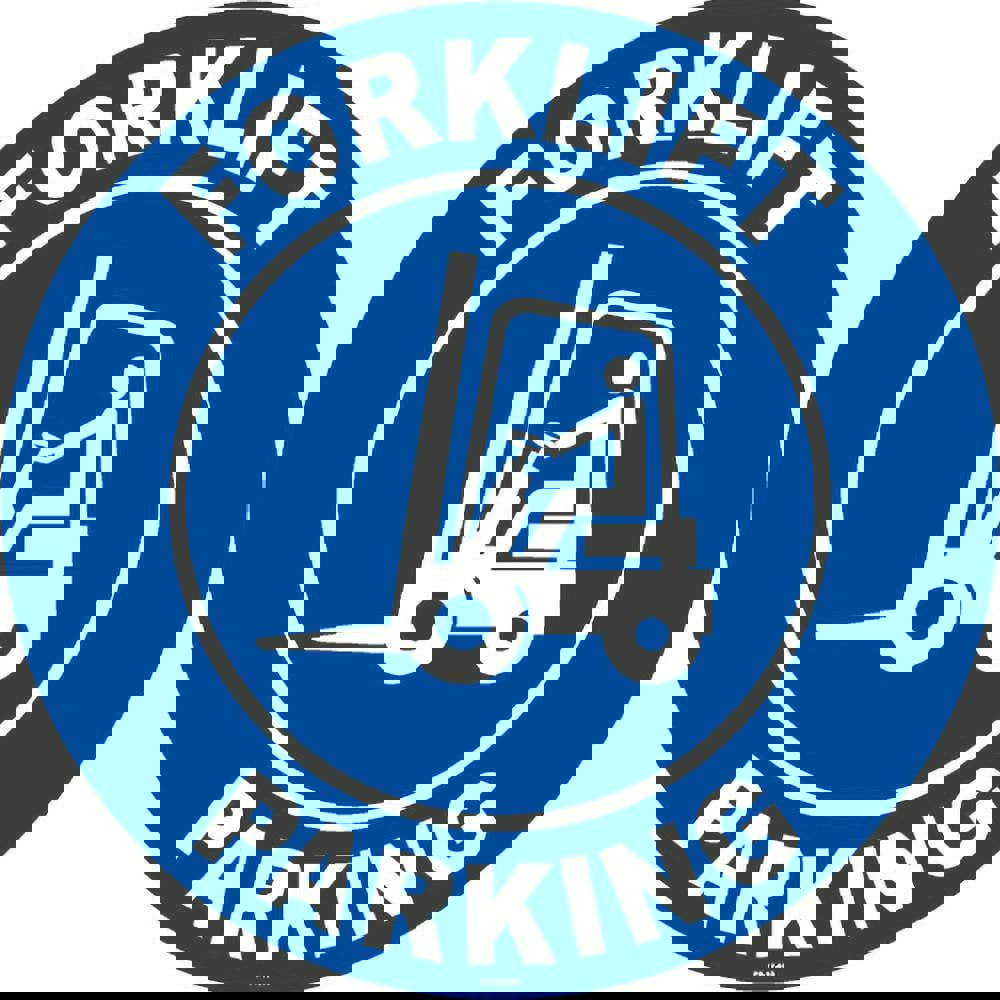 Adhesive Backed Floor Signs; Message Type: General Information ; Message or Graphic: FORKLIFT PARKING ; Legend: FORKLIFT PARKING ; Material: Vinyl ; Legend Color: White; Blue ; Color: Blue