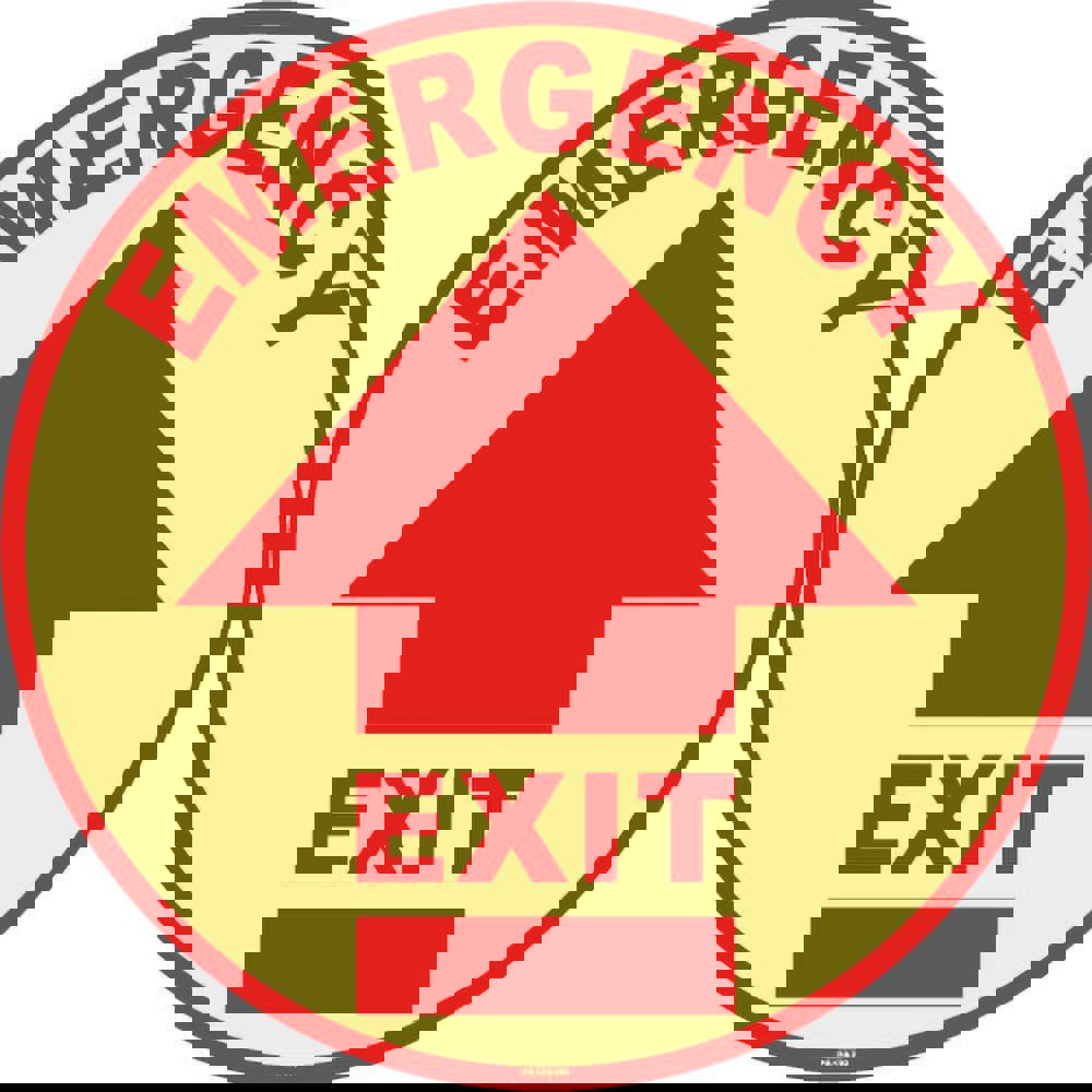 Adhesive Backed Floor Signs; Message Type: Exit, Entrance & Directional ; Message or Graphic: EMERGENCY EXIT; ARROW ; Legend: EMERGENCY EXIT ; Material: Vinyl ; Legend Color: Red; White ; Color: Red
