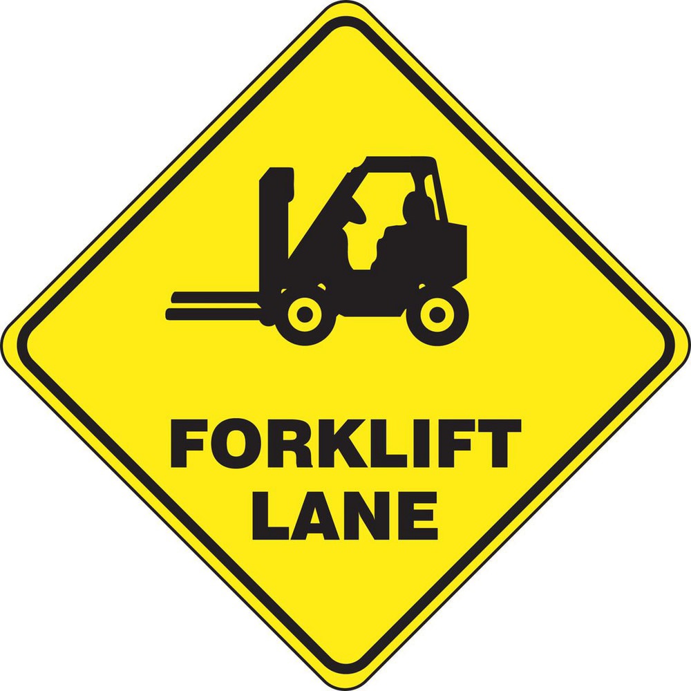 Adhesive Backed Floor Signs; Message Type: Traffic Control ; Message or Graphic: Message & Graphic ; Legend: FORKLIFT LANE ; Material: Vinyl ; Legend Color: Black ; Color: Black; Yellow