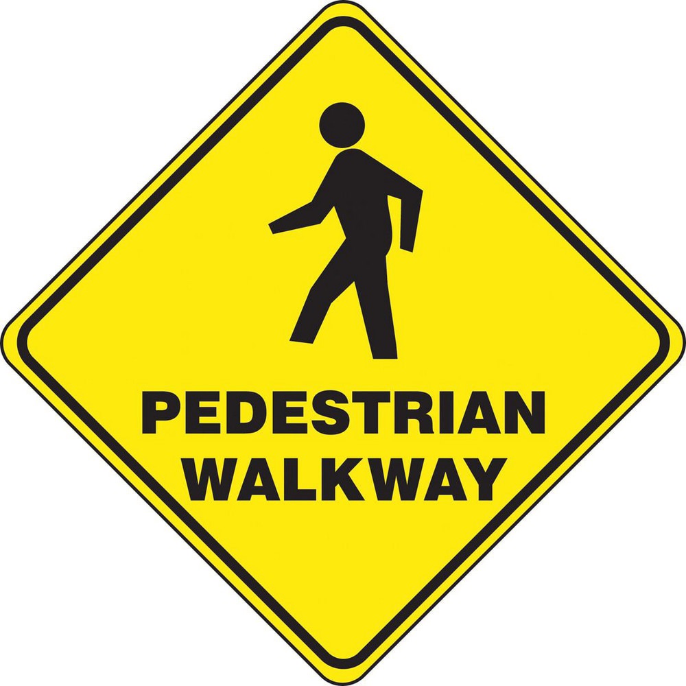 Adhesive Backed Floor Signs; Message Type: Traffic Control ; Message or Graphic: Message & Graphic ; Legend: PEDESTRIAN WALKWAY ; Material: Vinyl ; Legend Color: Black ; Color: Black; Yellow