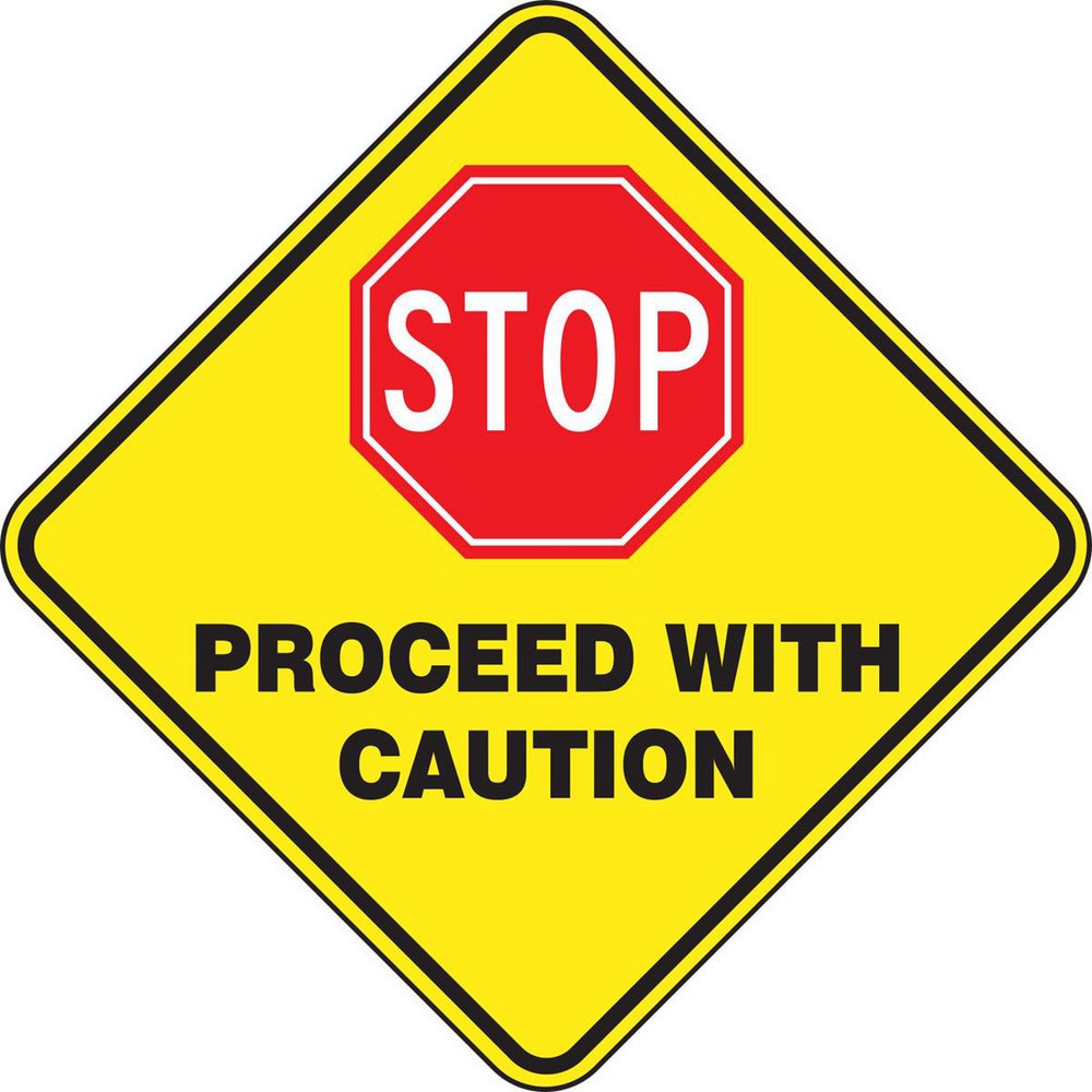 Adhesive Backed Floor Signs; Message Type: Traffic Control ; Message or Graphic: Message & Graphic ; Legend: STOP PROCEED WITH CAUTION ; Material: Vinyl ; Legend Color: Black; White ; Color: Black; Red; White; Yellow