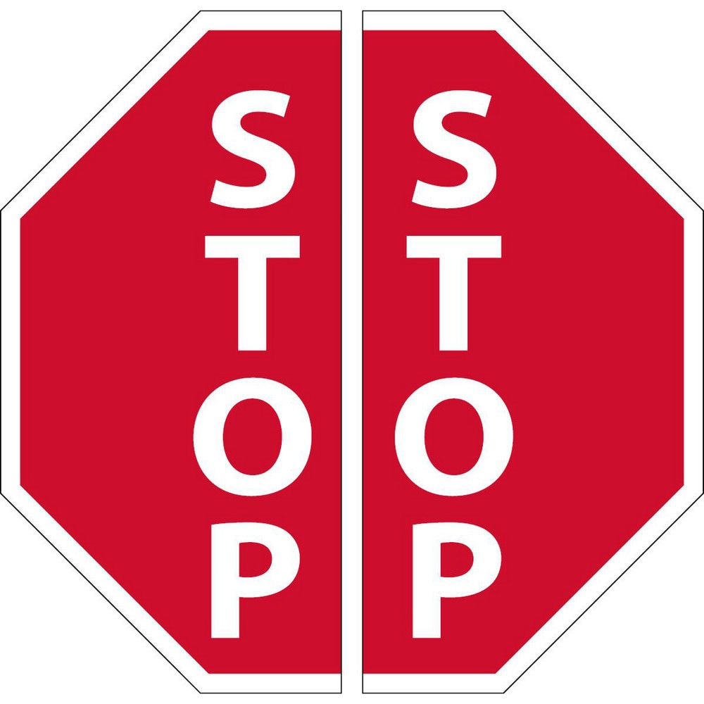 Adhesive Backed Floor Signs; Message Type: Traffic Control ; Message or Graphic: Message Only ; Legend: STOP ; Material: Vinyl ; Legend Color: White ; Color: Red; White