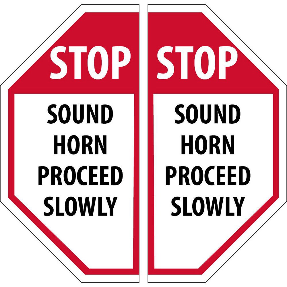 Adhesive Backed Floor Signs; Message Type: Traffic Control ; Message or Graphic: Message Only ; Legend: STOP SOUND HORN PROCEED SLOWLY ; Material: Vinyl ; Legend Color: Black; White ; Color: Black; Red; White